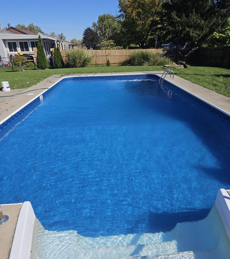 A clear blue swimming pool surrounded by a grassy area and trees, with a house visible in the background. The sky is bright and sunny.